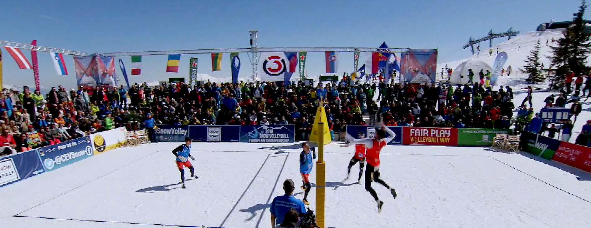 OU Flex set up for the Snow Volleyball tournament in the Austrian Alps