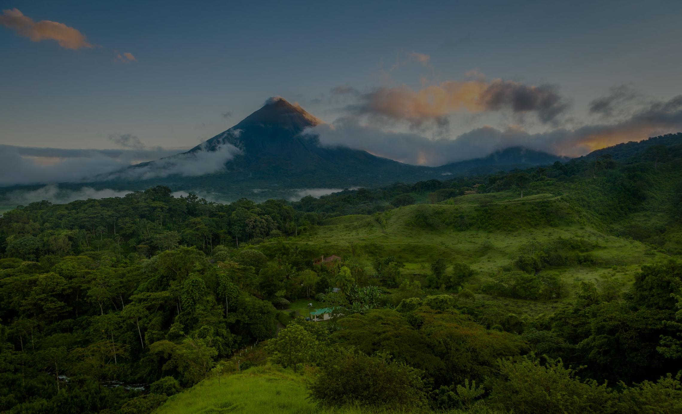 Landscape view of fields and forests with a mountain in the background