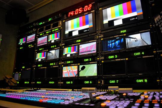 Live spors broadcasting equipment inside broadcasting van