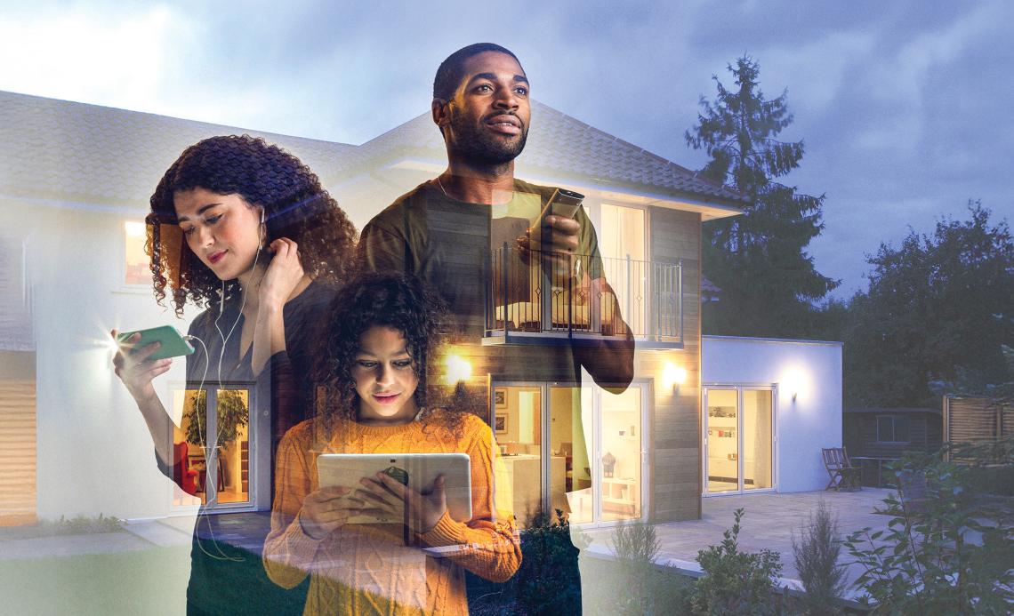 Three people using digital devices, symbolizing connectivity and technology at home.