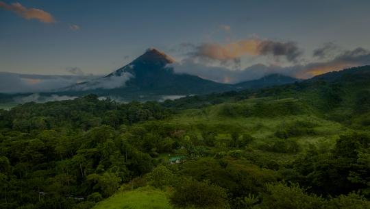 Landscape view of fields and forests with a mountain in the background