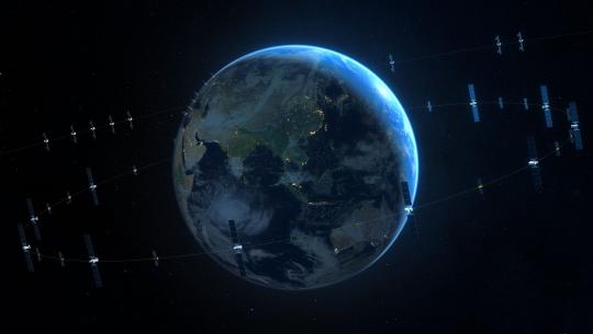 Earth from space with multiple satellites orbiting.