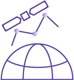 Icon of satellite above a globe with connected nodes.