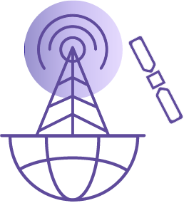 Icon of satellite beaming signals to a ground antenna.
