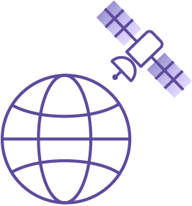Icon of satellite orbiting a globe.
