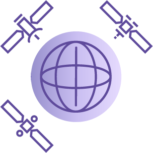 Globe with three surrounding satellites.