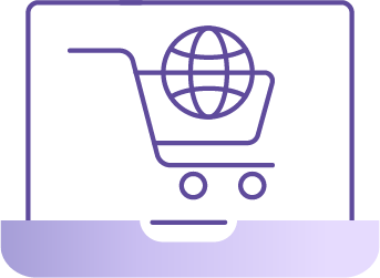 Online shopping cart with a globe on a laptop screen.
