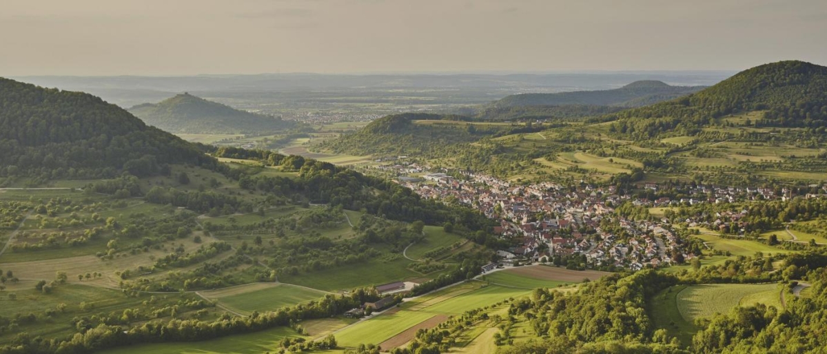 Green valley landscape with a small town nestled between rolling hills.