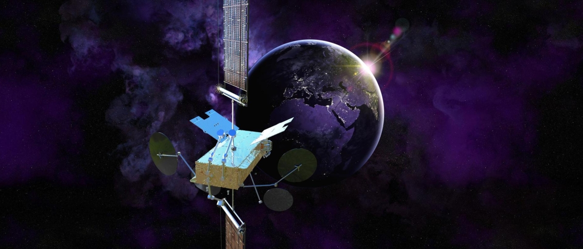 Image of SES-26 satellite in orbit with Earth and a purple space backdrop.