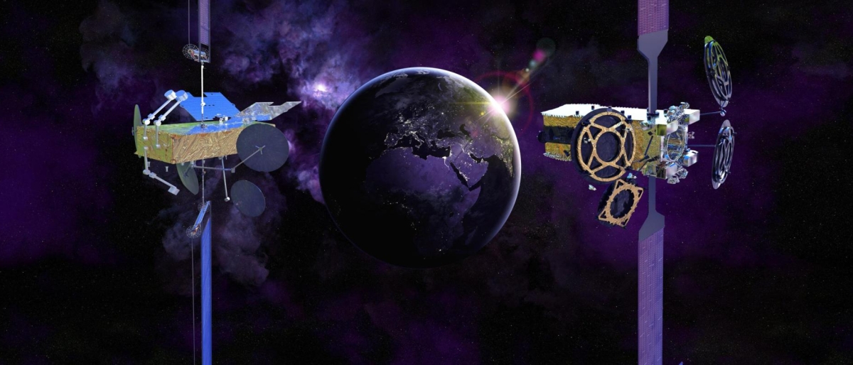 Picture of two satellites on each side of Earth in a purple space scene.
