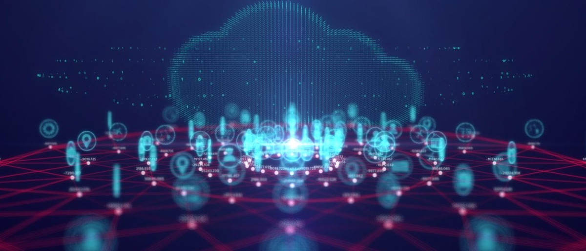 Image of a digital cloud network with glowing data icons and connected grid lines.