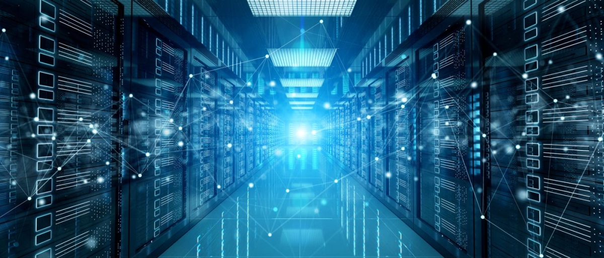 Image of a blue digital data center corridor with glowing servers.