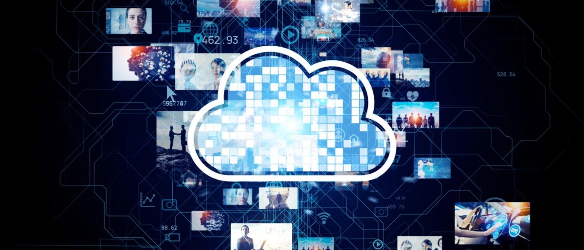 Image of a digital cloud icon surrounded by images and data graphics.