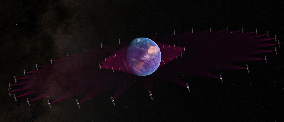 Image of satellites in orbit forming a ring around Earth with wide coverage beams.