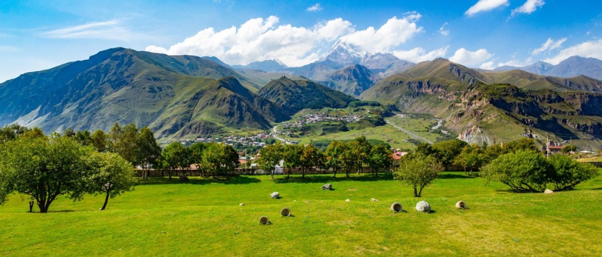 Image of a landscape with green valley with scattered trees and distant mountain peaks.