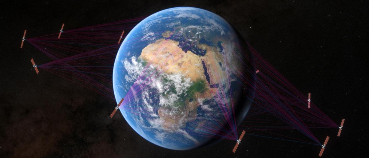 Image of O3b mPOWER satellites forming network links in space with Earth in the middle.