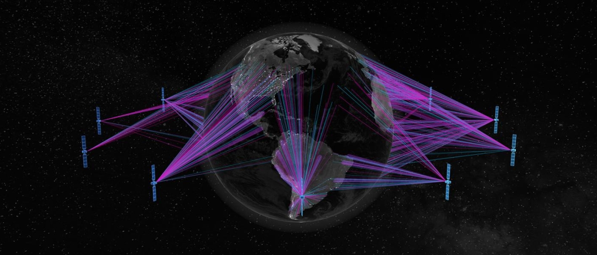 Image of satellites projecting purple and blue coverage beams onto earth.