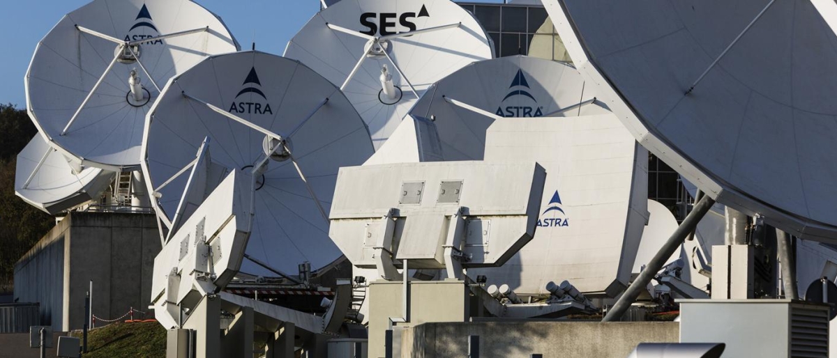 Image of SES and Astra satellite dishes mounted on buildings.
