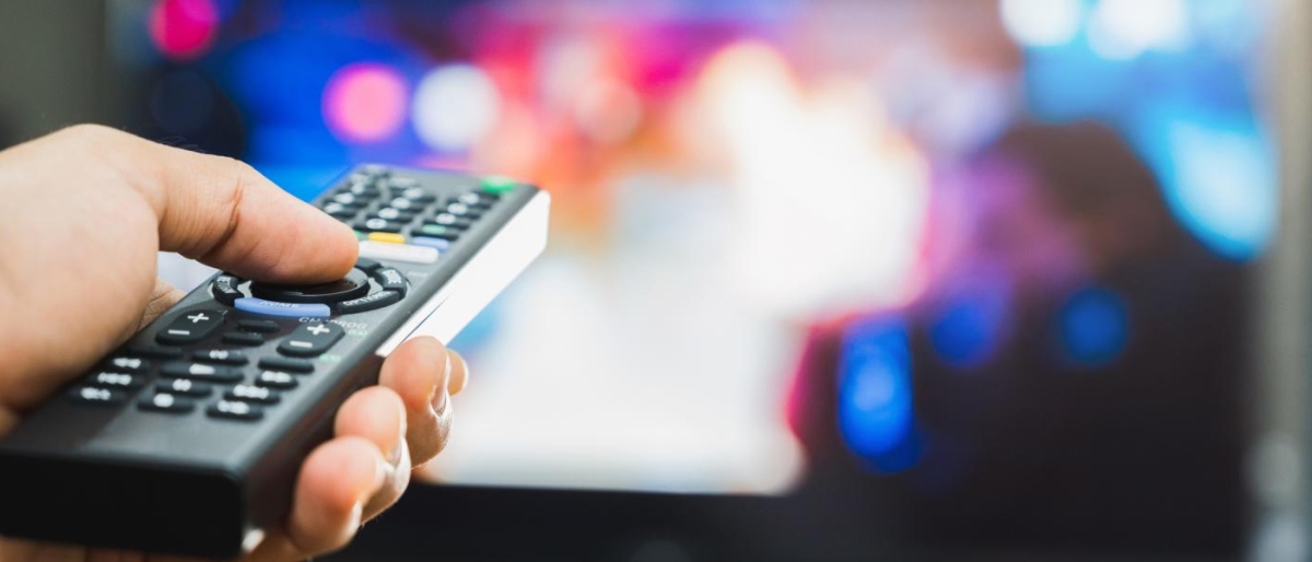 Image of a person's hand with a remote with television in the background.