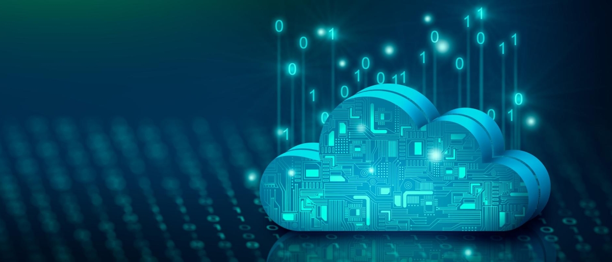 Digital cloud graphic with circuit patterns and binary code.