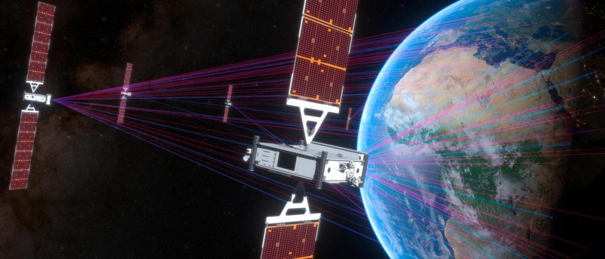 Image of two O3b mPOWER satellites beaming connectivity toward Earth.