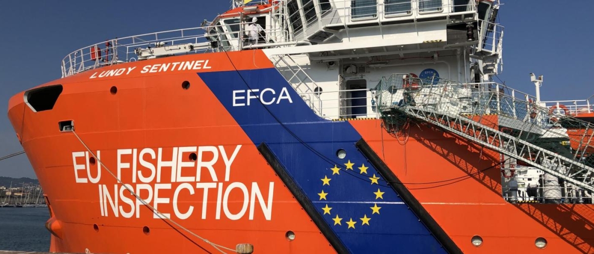Image of EU Fishery Inspection vessel docked at port.