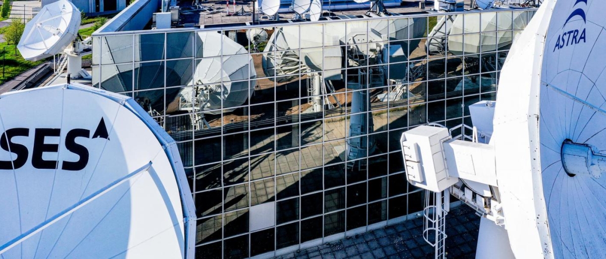 Closeup image of SES and Astra antenna dishes.