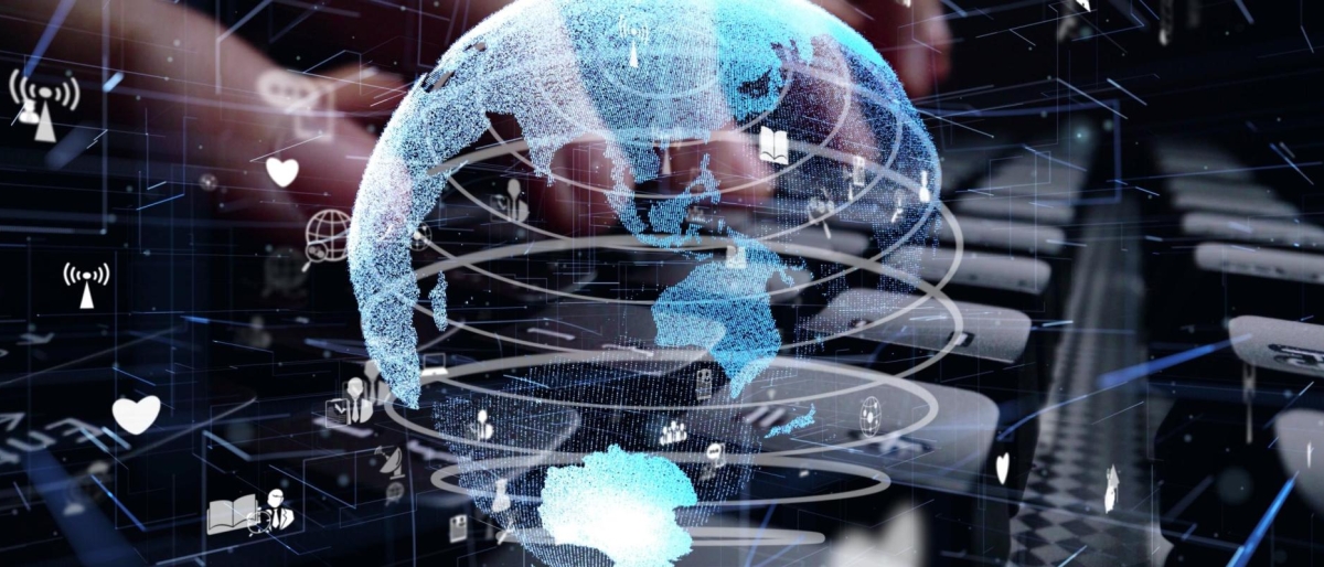 Image of a digital globe with floating data icons.