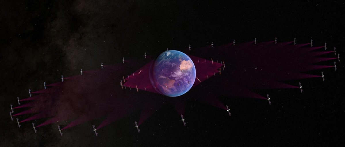 Image of earth surrounded by a wide ring of satellites forming coverage beams.