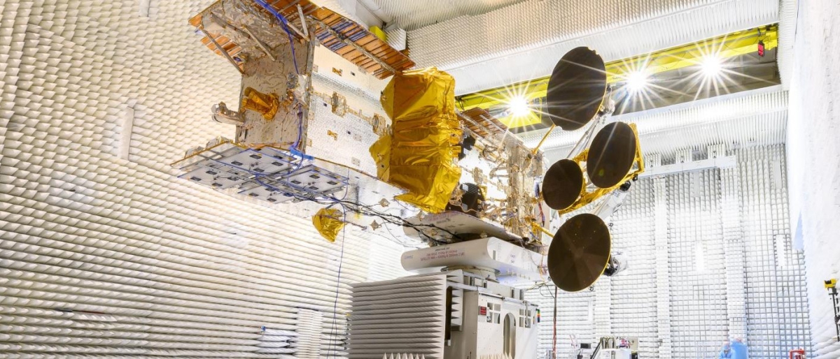 Image of SES‑22 satellite undergoing testing in an acoustic chamber.