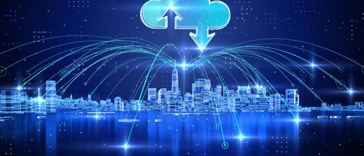 Image of a digital cityscape with cloud icons and glowing data lines across buildings