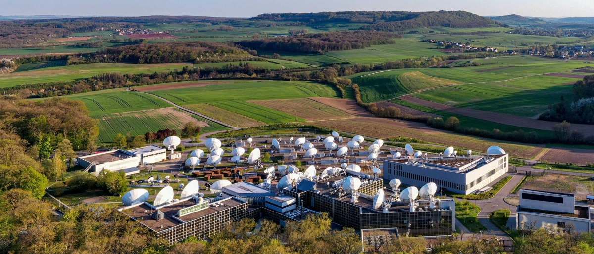 Top view of an antenna field in a countryside landscape