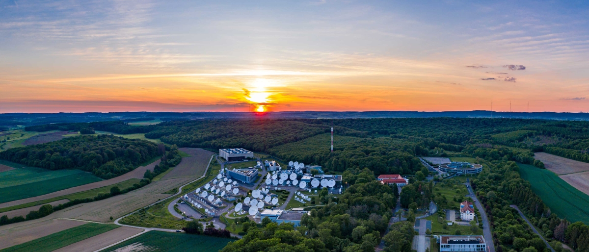 Sunset view of an antenna field in the countryside