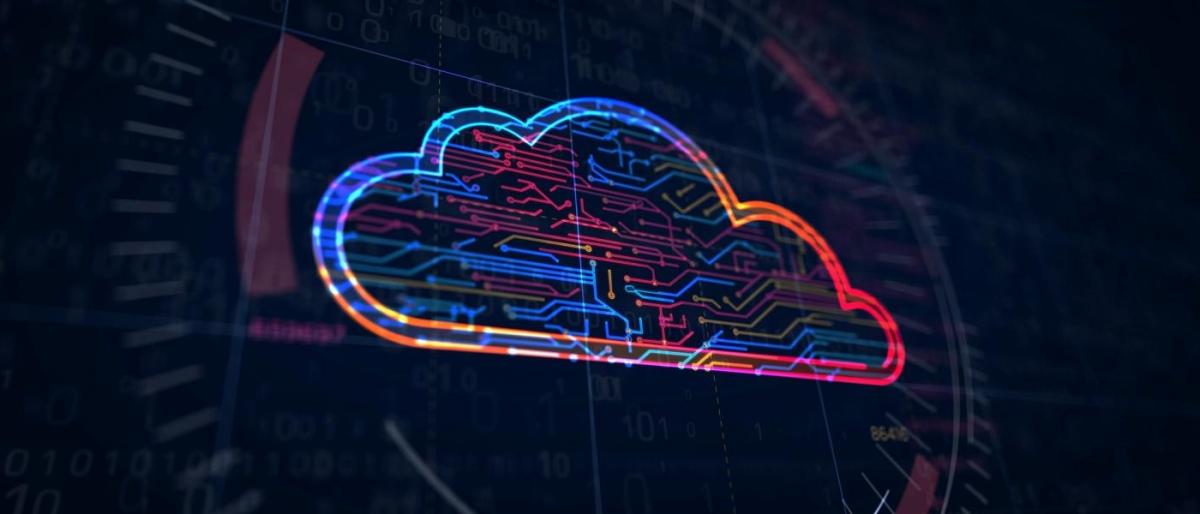 Colorful digital cloud icon on a tech background.