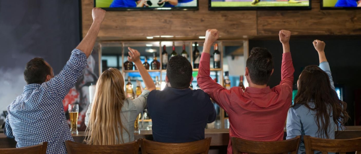 People in a bar celebrating while watching a match.