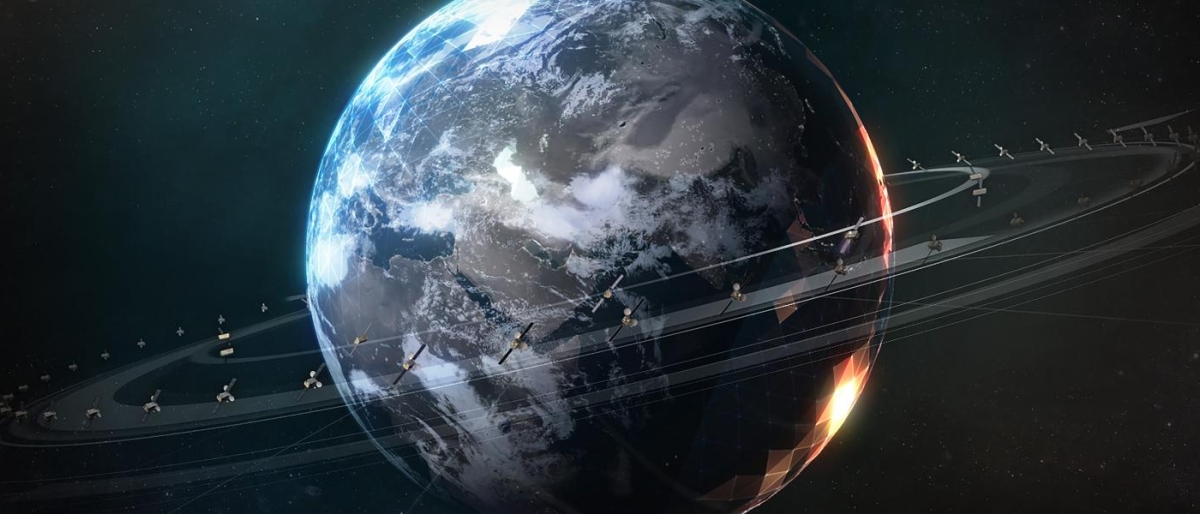 Image of earth in space surrounded by an orbital ring of satellites.