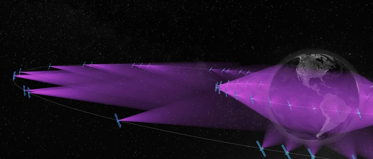 Satellites in orbit projecting purple coverage beams around Earth