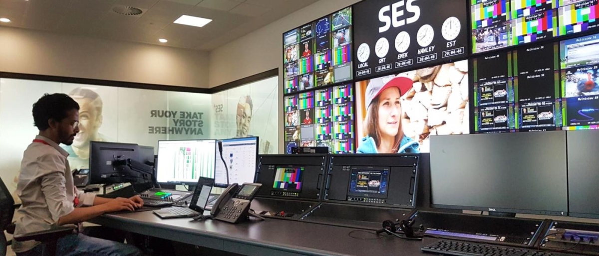 SES broadcast control room with a technician at the desk.