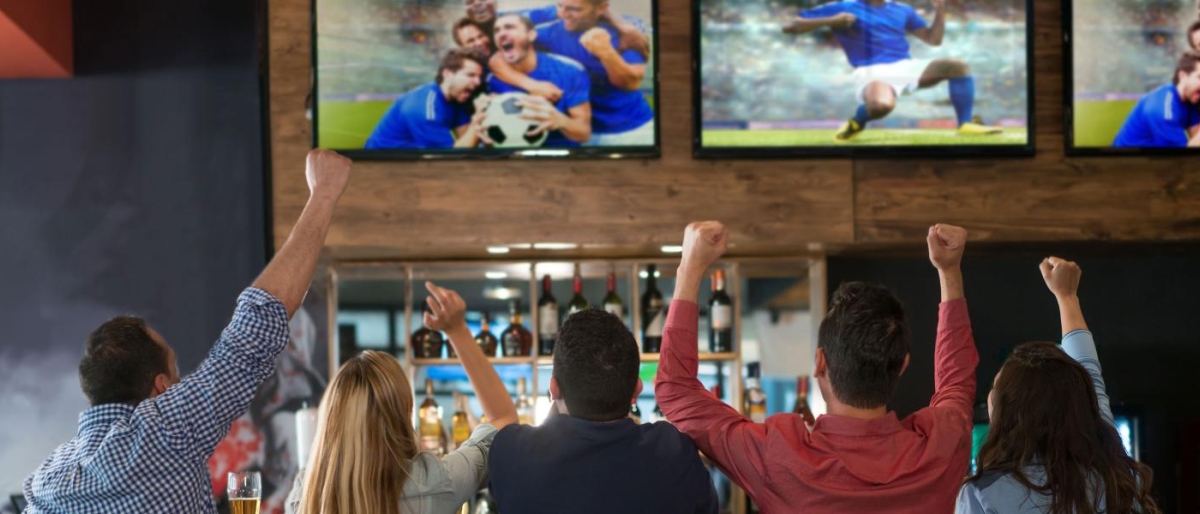 Image of a group of friends enjoying a sports game at a bar.