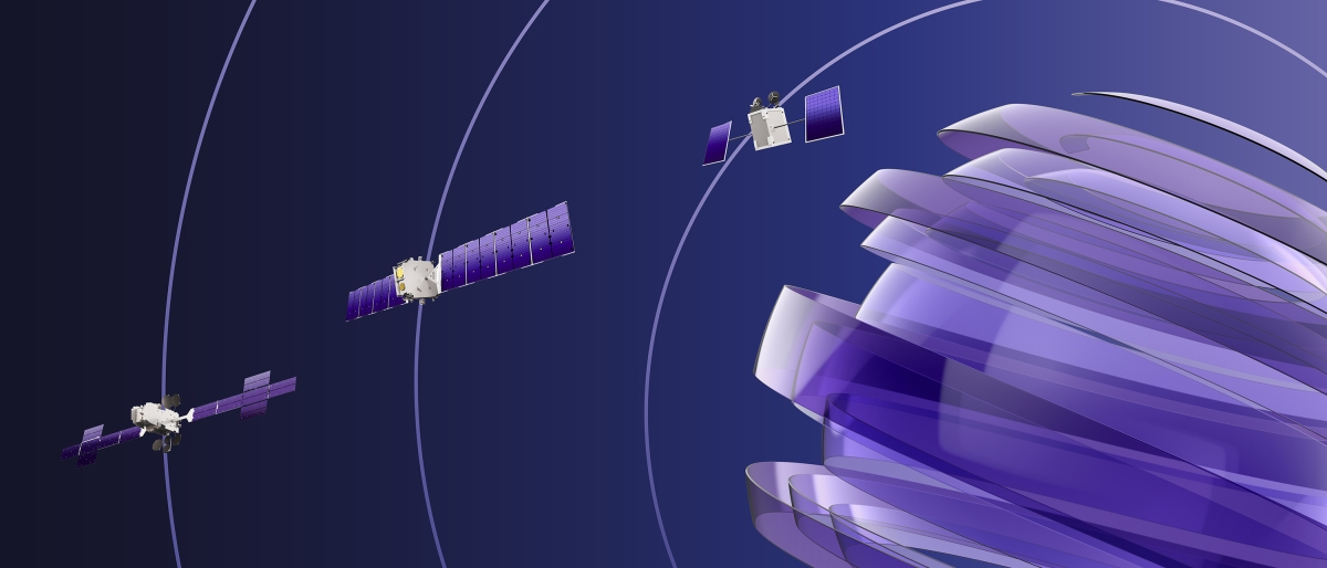 Three satellites orbiting above a stylized purple globe with curved orbital paths.
