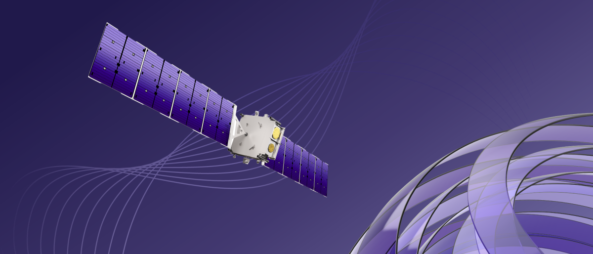 Banner image with satellite, and concentric circles with a purple background.