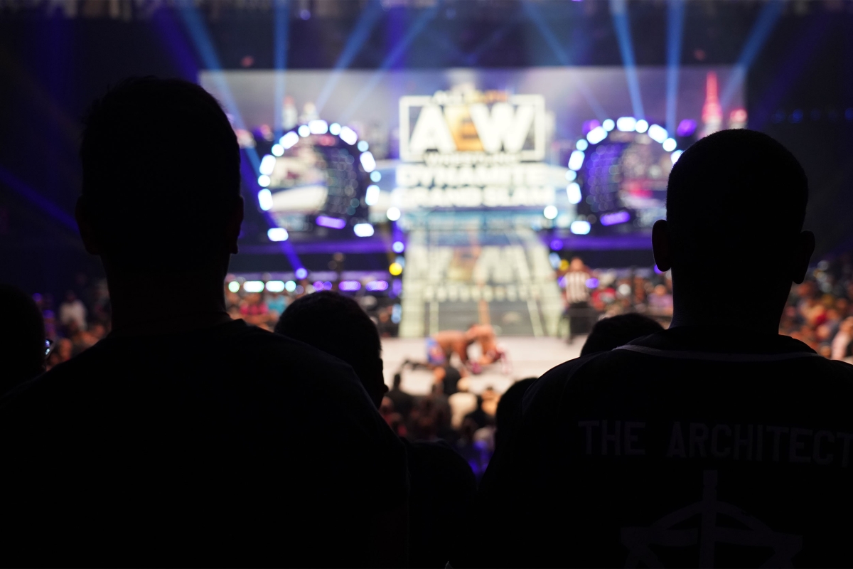 Silhouettes watching a wrestling match from the audience