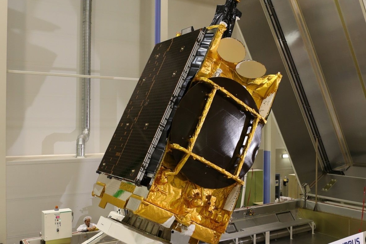 Inclined Satellite bus in a clean room 