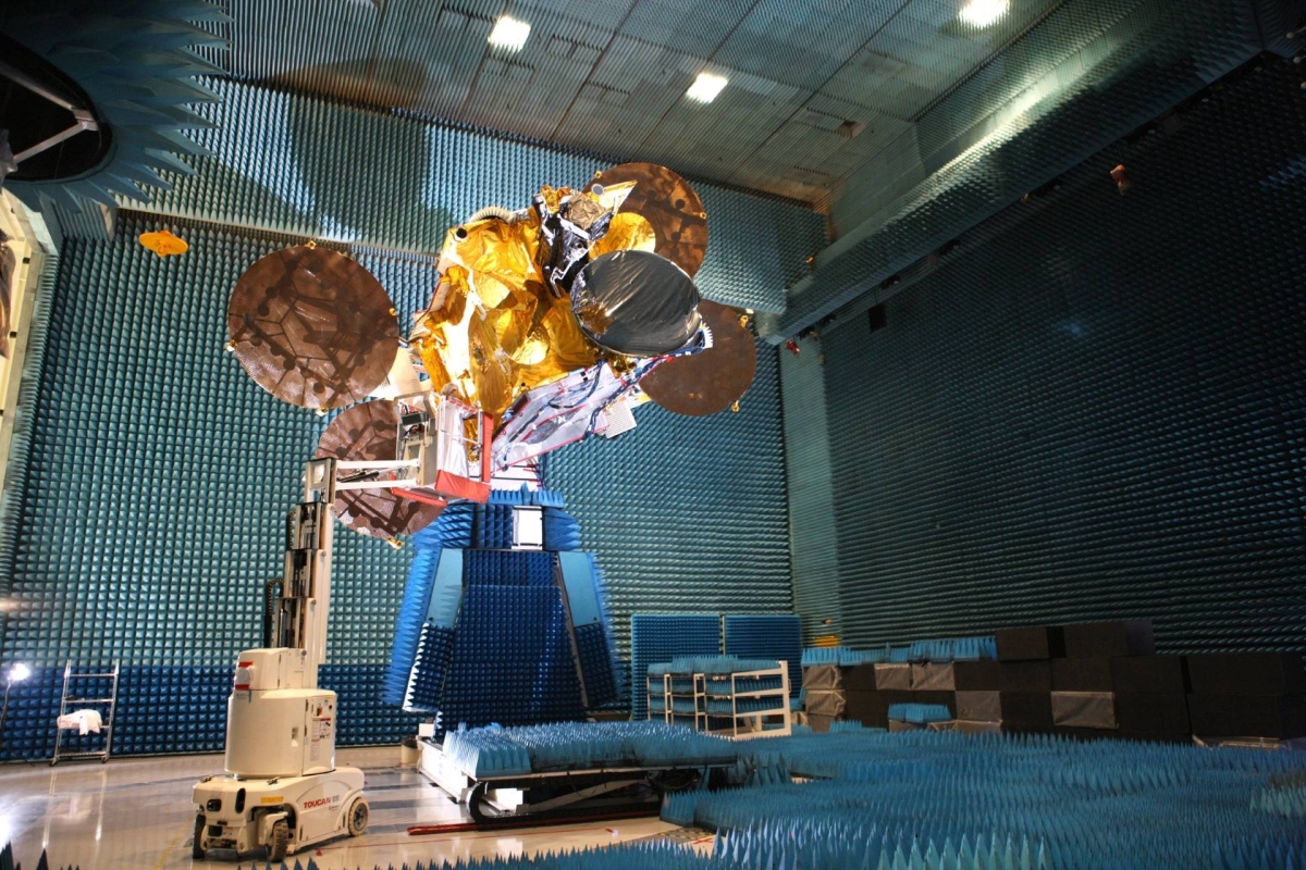 Satellite bus in a radio frequency testing room