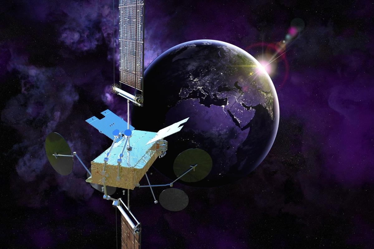 Image of SES-26 satellite in orbit with Earth and a purple space backdrop.