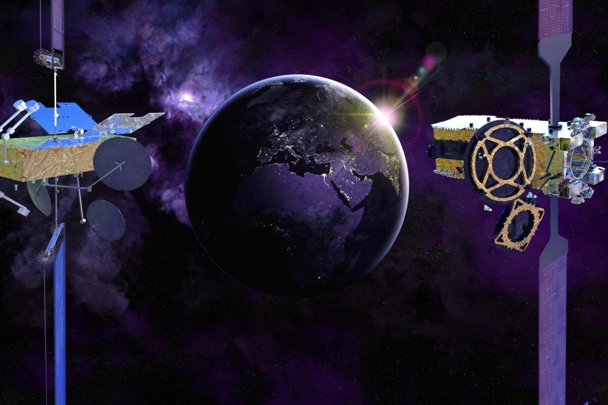 Picture of two satellites on each side of Earth in a purple space scene.