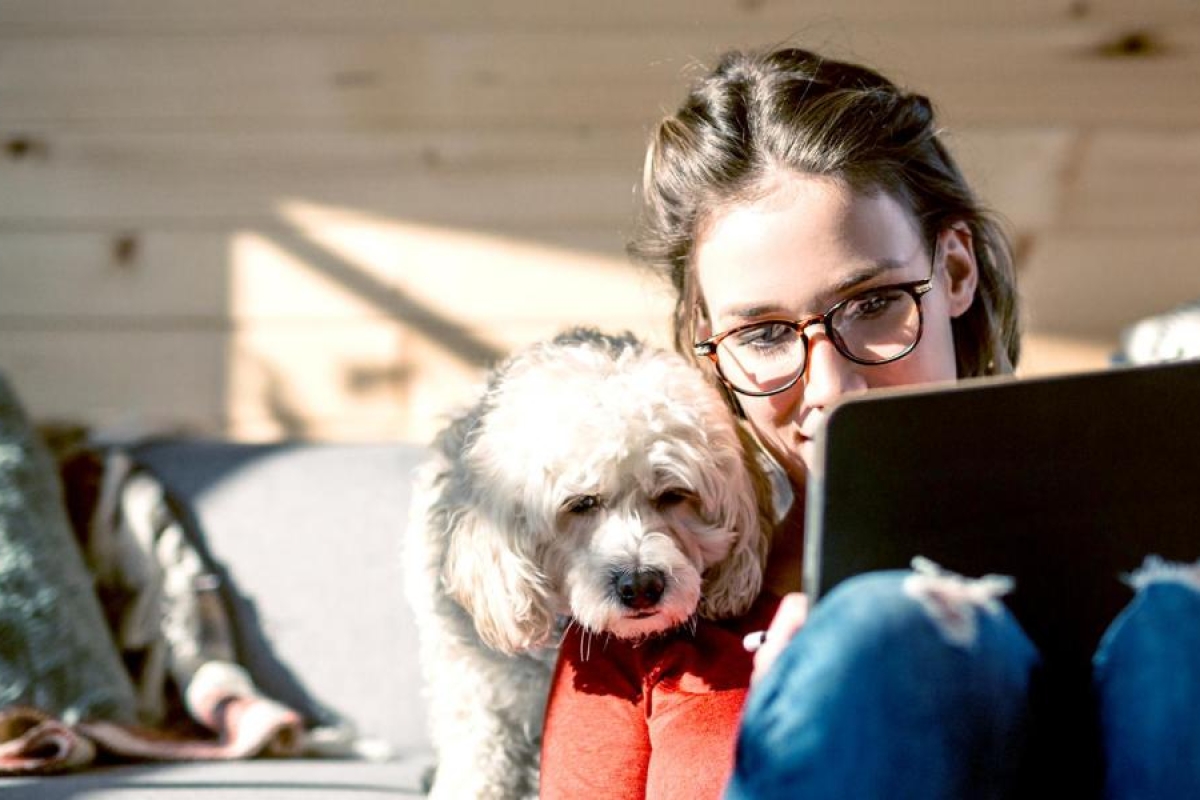 Image of a woman looking at a tablet screen with her pet