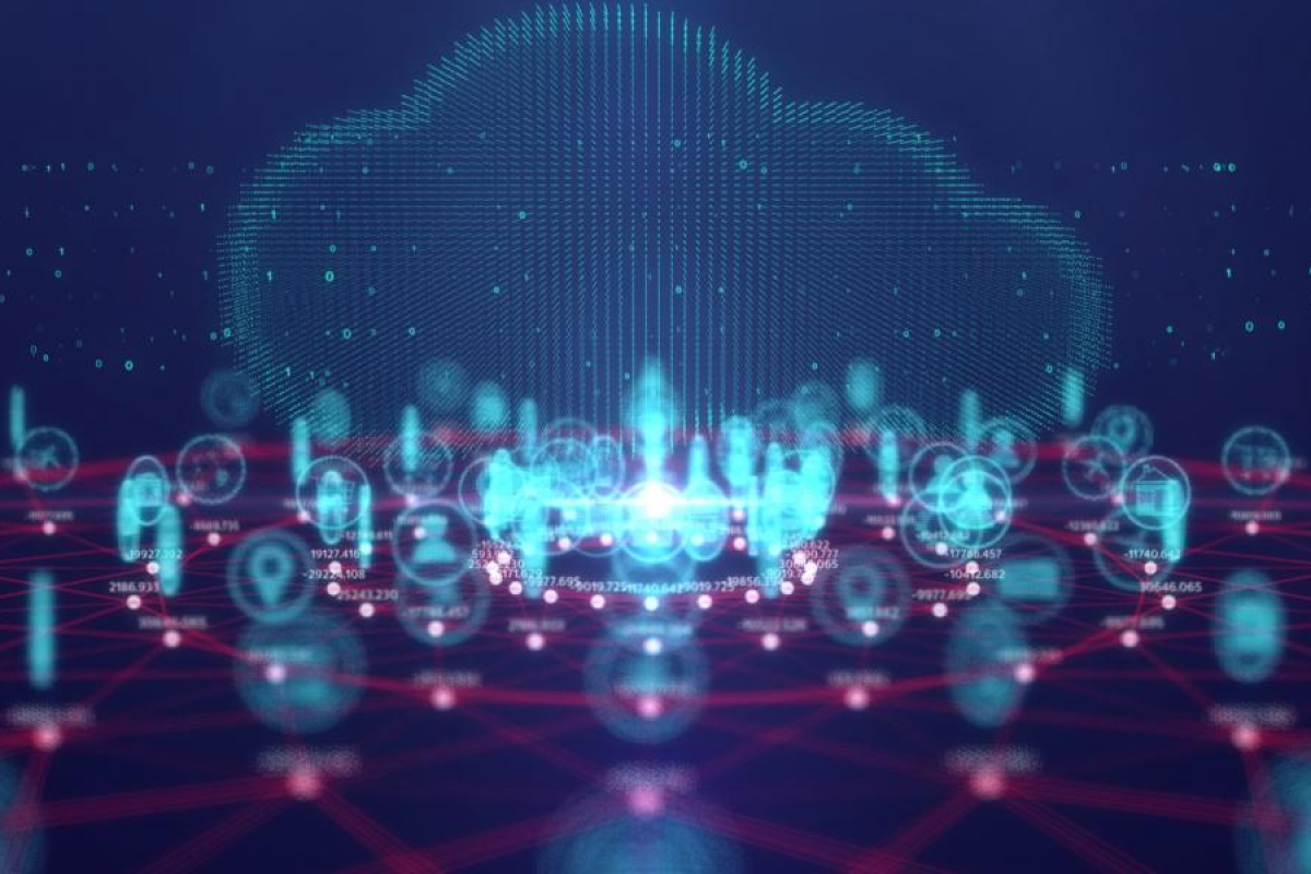 Image of a digital cloud network with glowing data icons and connected grid lines.