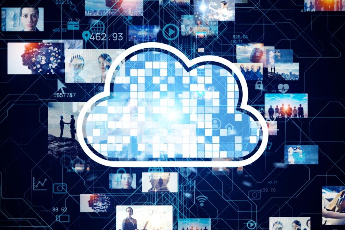 Image of a digital cloud icon surrounded by images and data graphics.
