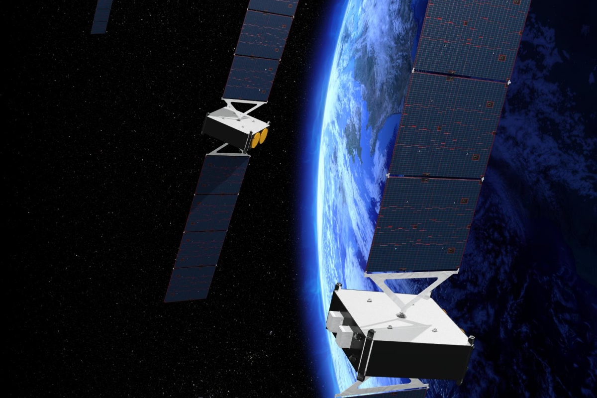 3d rendition of O3b mPOWER satellites above Earth